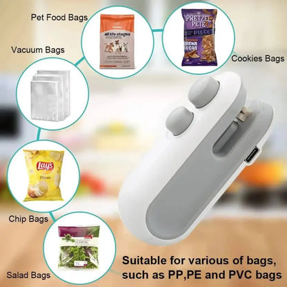 Mini USB Rechargeable Bag Sealer – Portable Food Storage Heat Sealing Machine. Sealing & Cutting 2-In-1, Comes With Potato Chip Cutter.