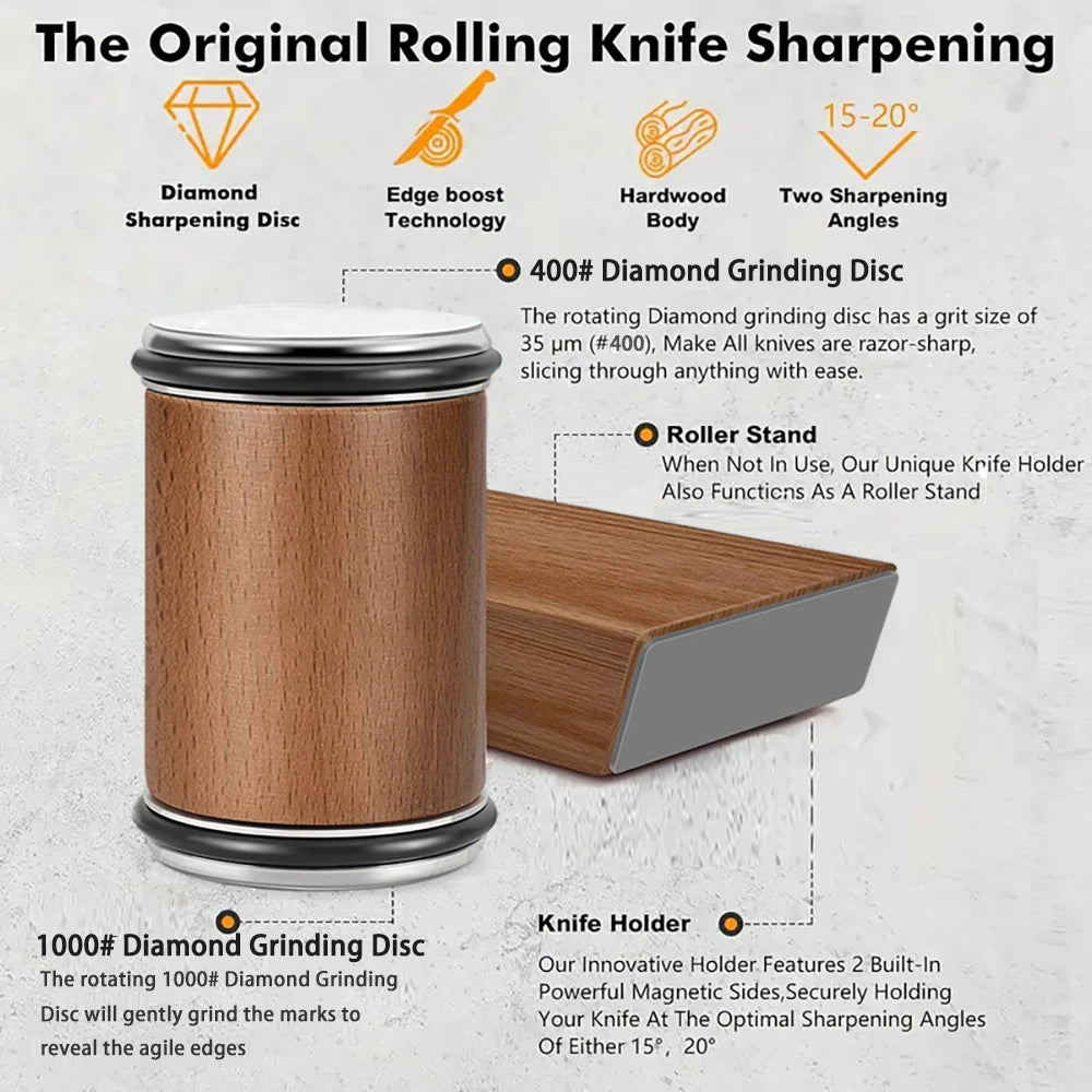 Premium Rolling Knife Sharpener – Double-Sided Diamond Sharpening System with 15° & 20° Magnetic Angle Guide