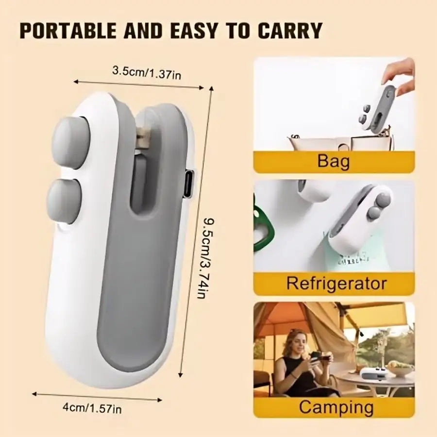Mini USB Rechargeable Bag Sealer – Portable Food Storage Heat Sealing Machine. Sealing & Cutting 2-In-1, Comes With Potato Chip Cutter.