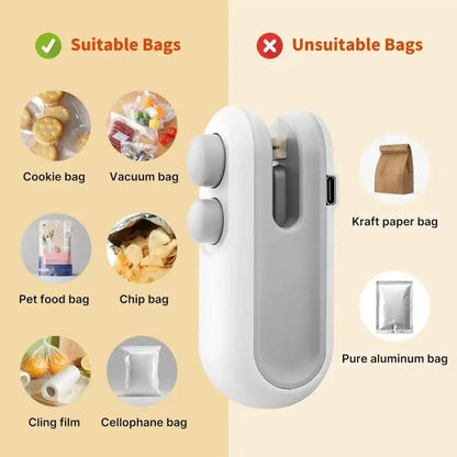Mini USB Rechargeable Bag Sealer – Portable Food Storage Heat Sealing Machine. Sealing & Cutting 2-In-1, Comes With Potato Chip Cutter.