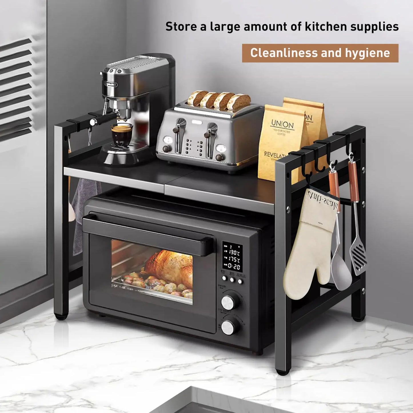 Expandable Kitchen Storage Rack – Countertop Organizer for Microwave & Kitchen Essentials