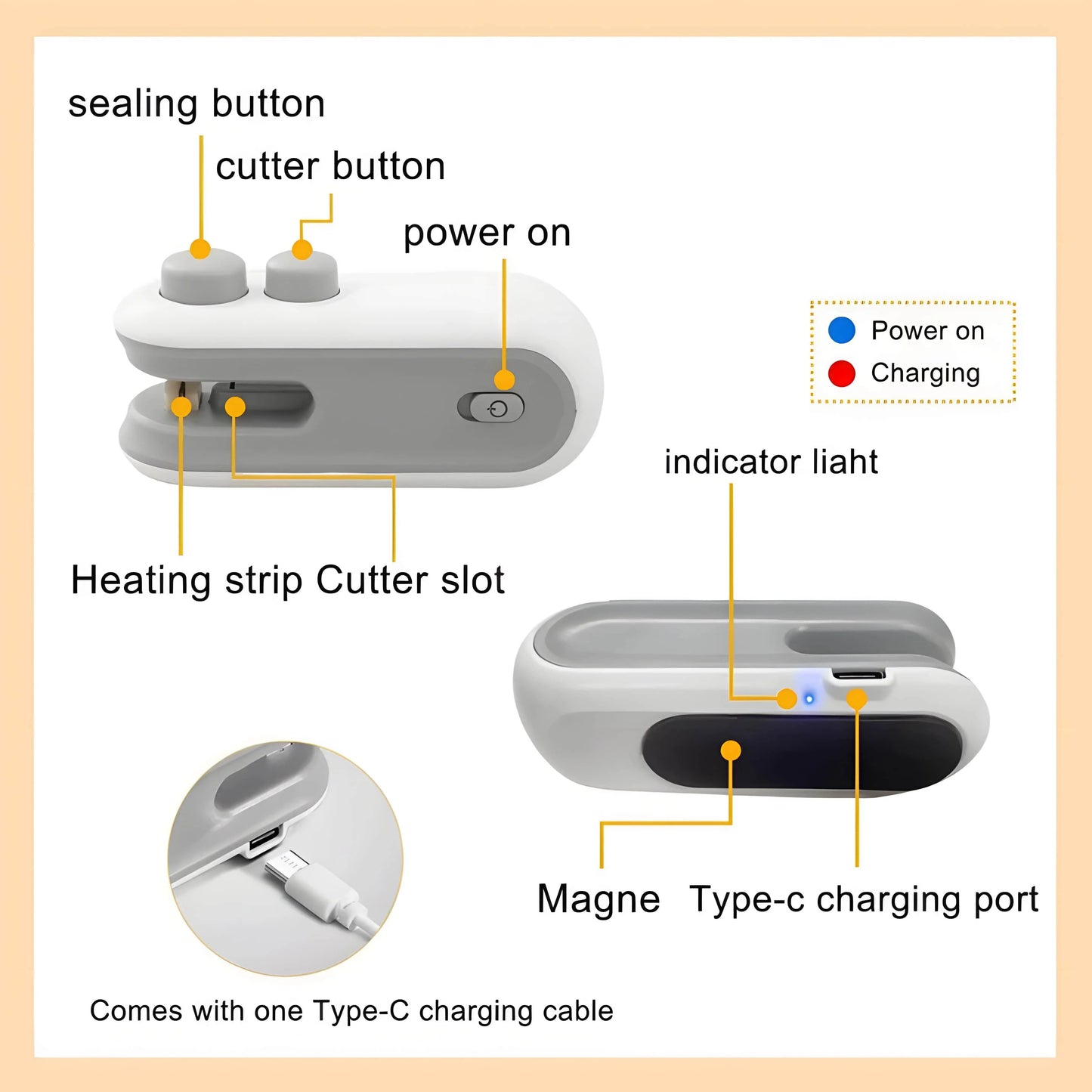 Mini USB Rechargeable Bag Sealer – Portable Food Storage Heat Sealing Machine. Sealing & Cutting 2-In-1, Comes With Potato Chip Cutter.