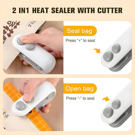 Mini USB Rechargeable Bag Sealer – Portable Food Storage Heat Sealing Machine. Sealing & Cutting 2-In-1, Comes With Potato Chip Cutter.